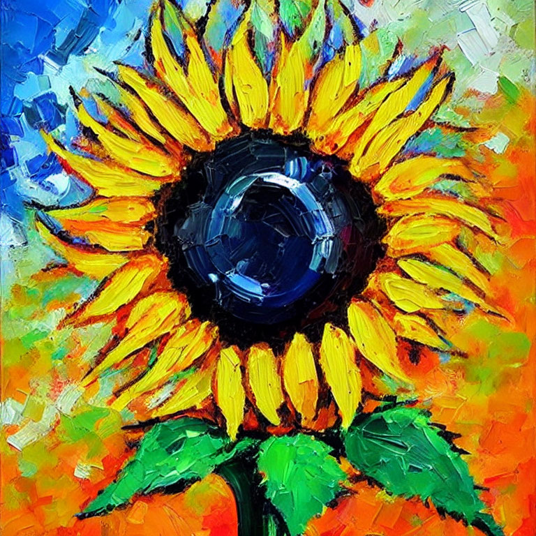 Colorful sunflower painting with bold yellow petals and blue center