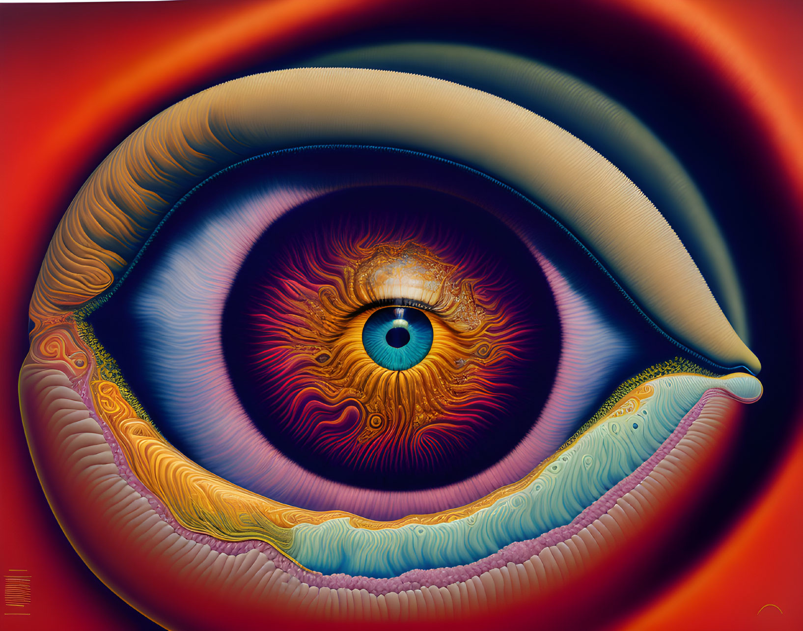 Vibrant surreal eye illustration with orange, blue, and yellow hues