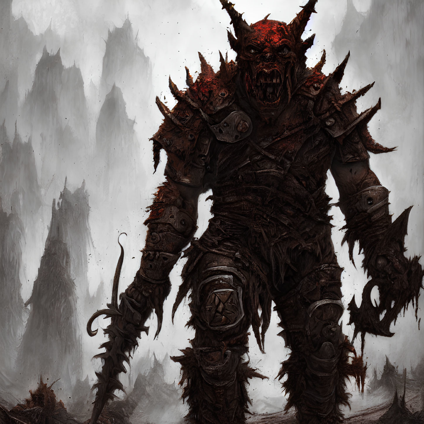 Armored demon with glowing red eyes in mountainous landscape