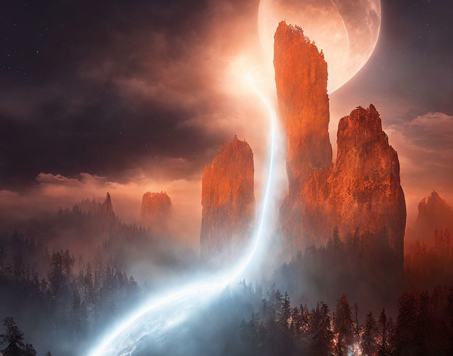 Fantastical landscape with towering rock spires under starry sky