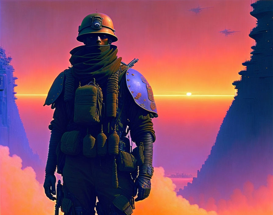 Futuristic soldier in armor with sunset backdrop and flying ships