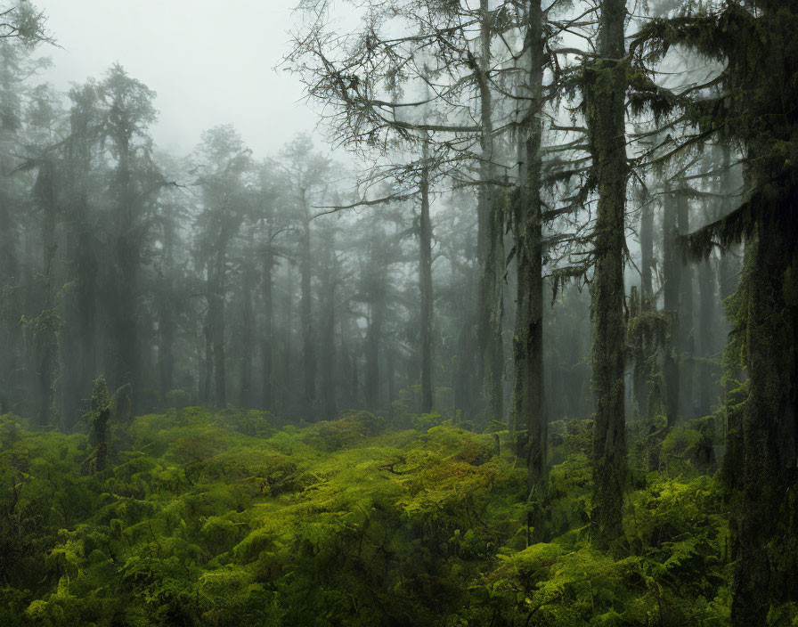 Lush Green Forest with Moss-Covered Trees in Misty Atmosphere