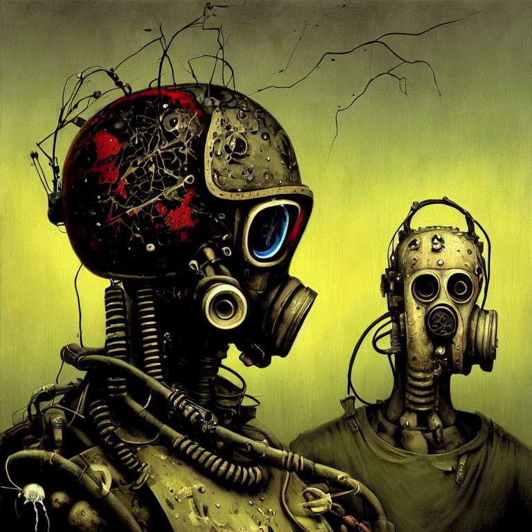 Robotic figures with cracked head and gas mask on greenish backdrop