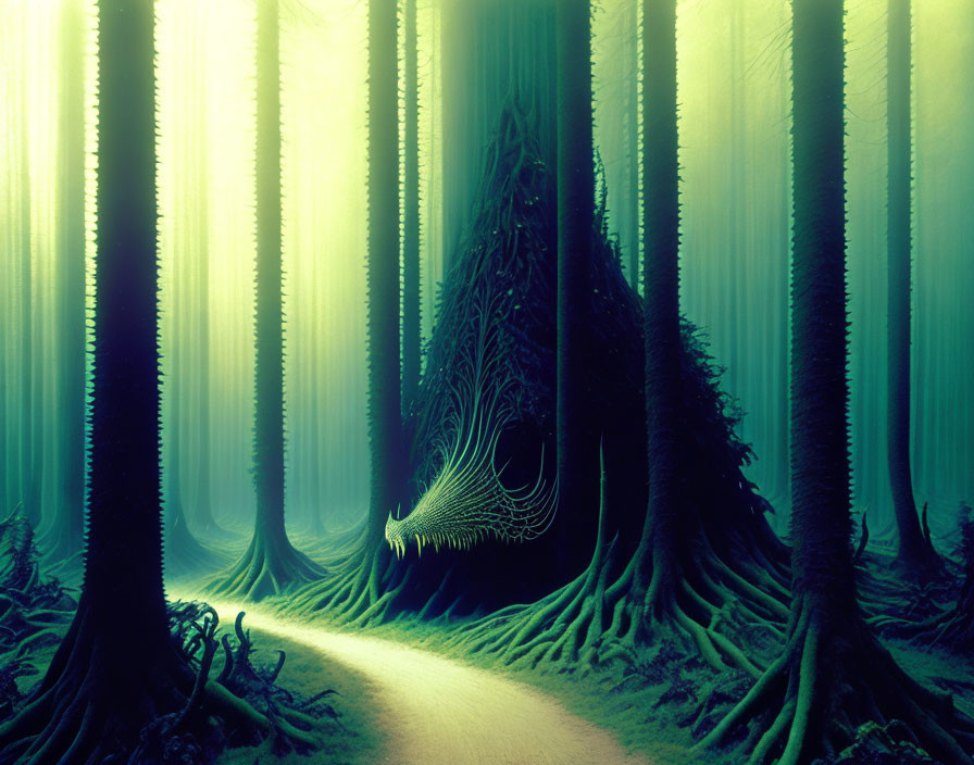 Enchanting forest scene with tall trees, intricate roots, cobweb, and ethereal light.