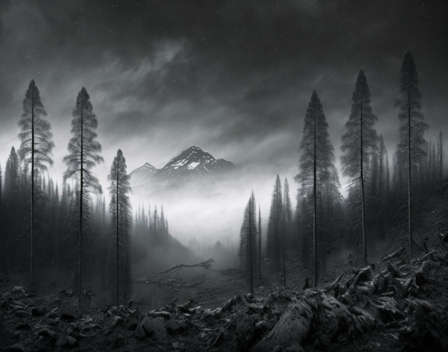 Monochrome landscape with towering trees, mist-covered forest, mountain backdrop, starry sky