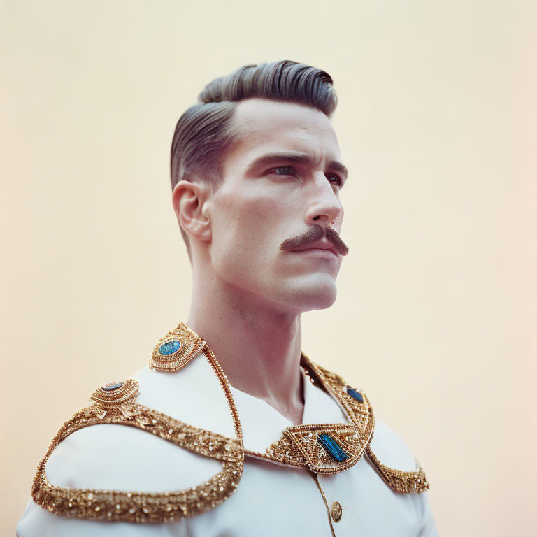 Styled Mustache Man in Ornate Uniform with Gold Epaulettes