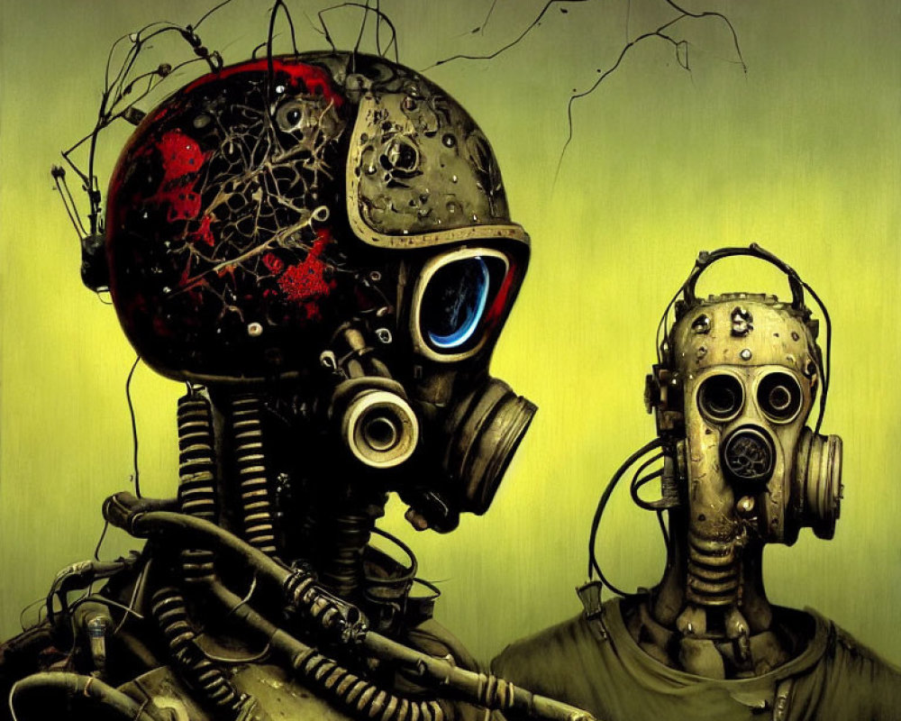 Robotic figures with cracked head and gas mask on greenish backdrop