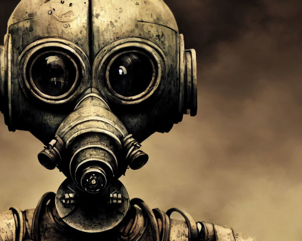 Steampunk robotic figure with gas mask and round eyes on sepia background