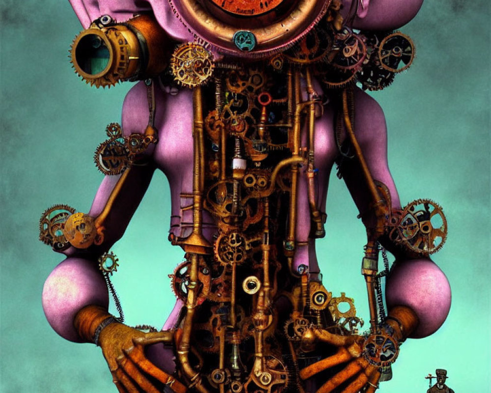 Steampunk robot with cogs and gears beside figure in top hat