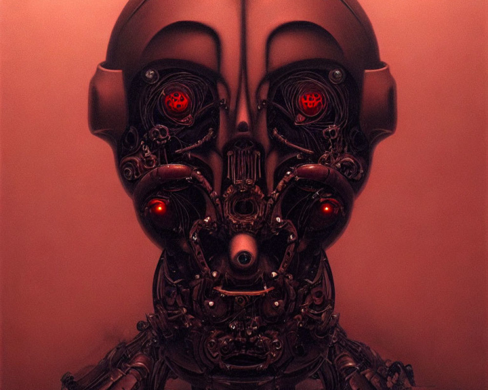 Detailed Painting: Robotic Head with Glowing Red Eyes on Monochromatic Background