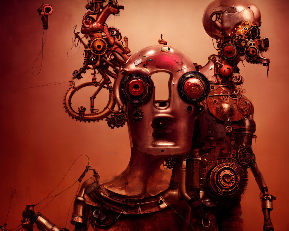 Steampunk-style Robotic Sculpture with Gears on Red Background