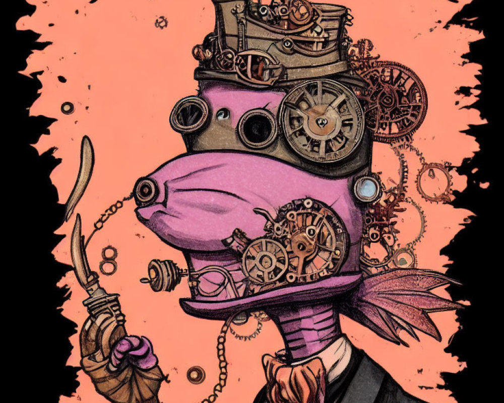 Steampunk-style anthropomorphic platypus illustration with top hat and gears on pink and black cog