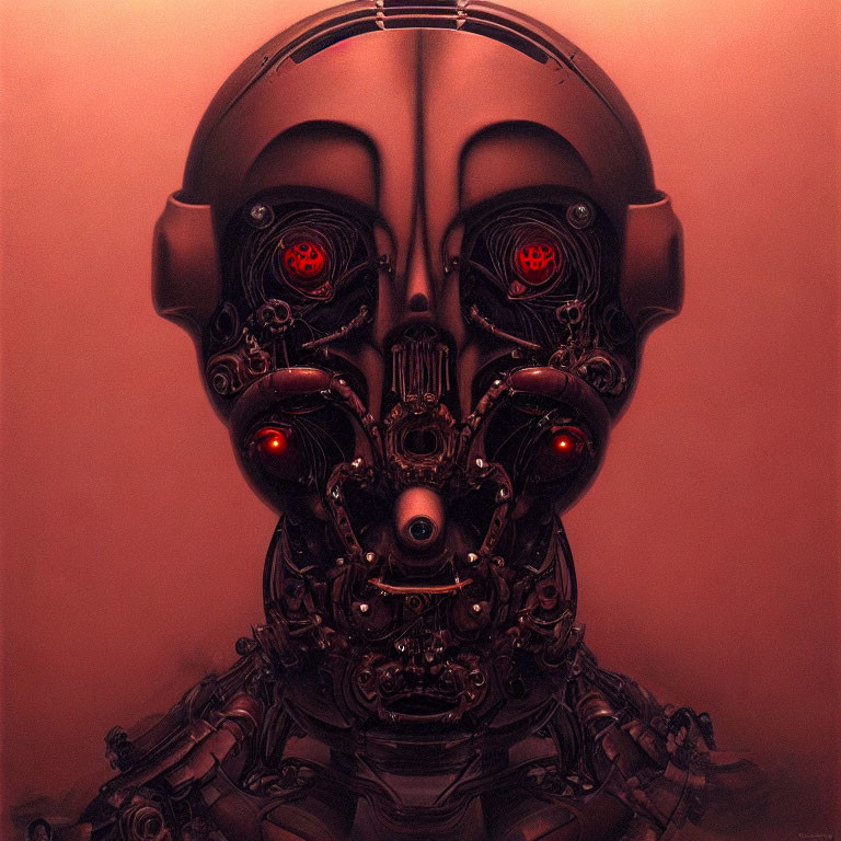 Detailed Painting: Robotic Head with Glowing Red Eyes on Monochromatic Background