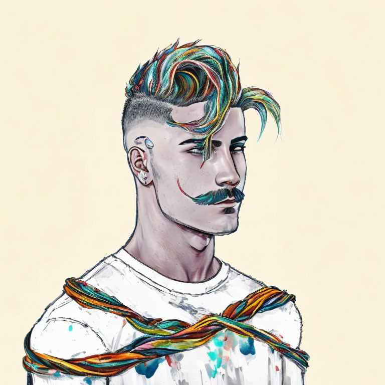 Person with Creative Hairstyle and Colorful Streaks Wrapped in Multicolored Rope on Beige