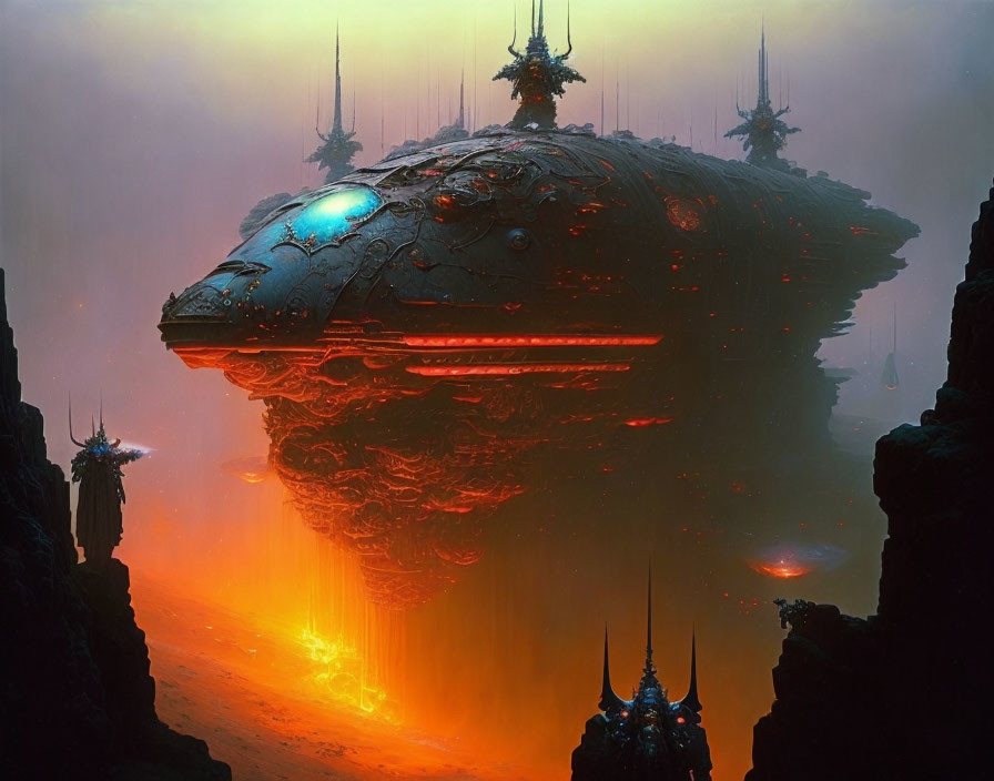 Alien spacecraft over lava-filled landscape with eerie spires.