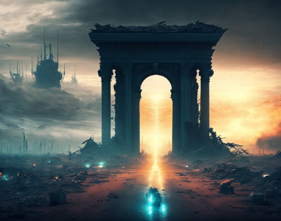 Dystopian scene with damaged arch, sci-fi structure, wreckage, and glowing portal