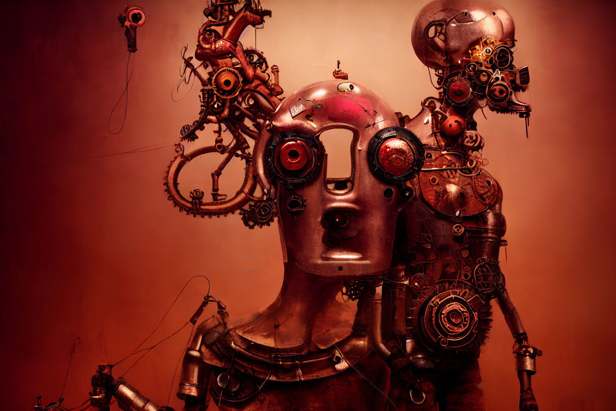 Steampunk-style Robotic Sculpture with Gears on Red Background