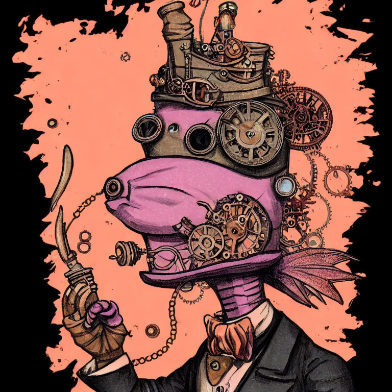 Steampunk-style anthropomorphic platypus illustration with top hat and gears on pink and black cog