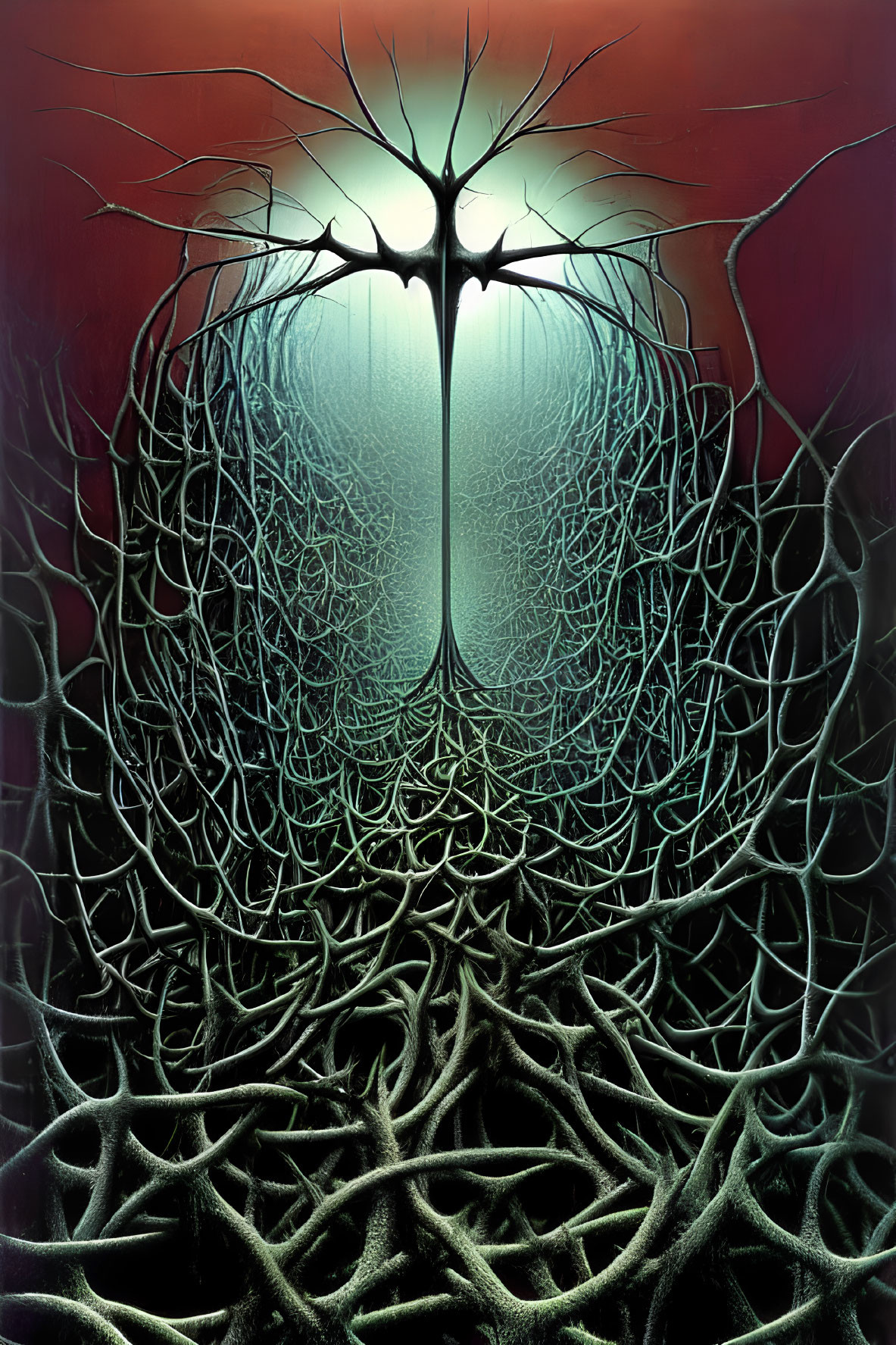 Tree-like Silhouette Frames Symmetrical Neural Pattern in Green and Red