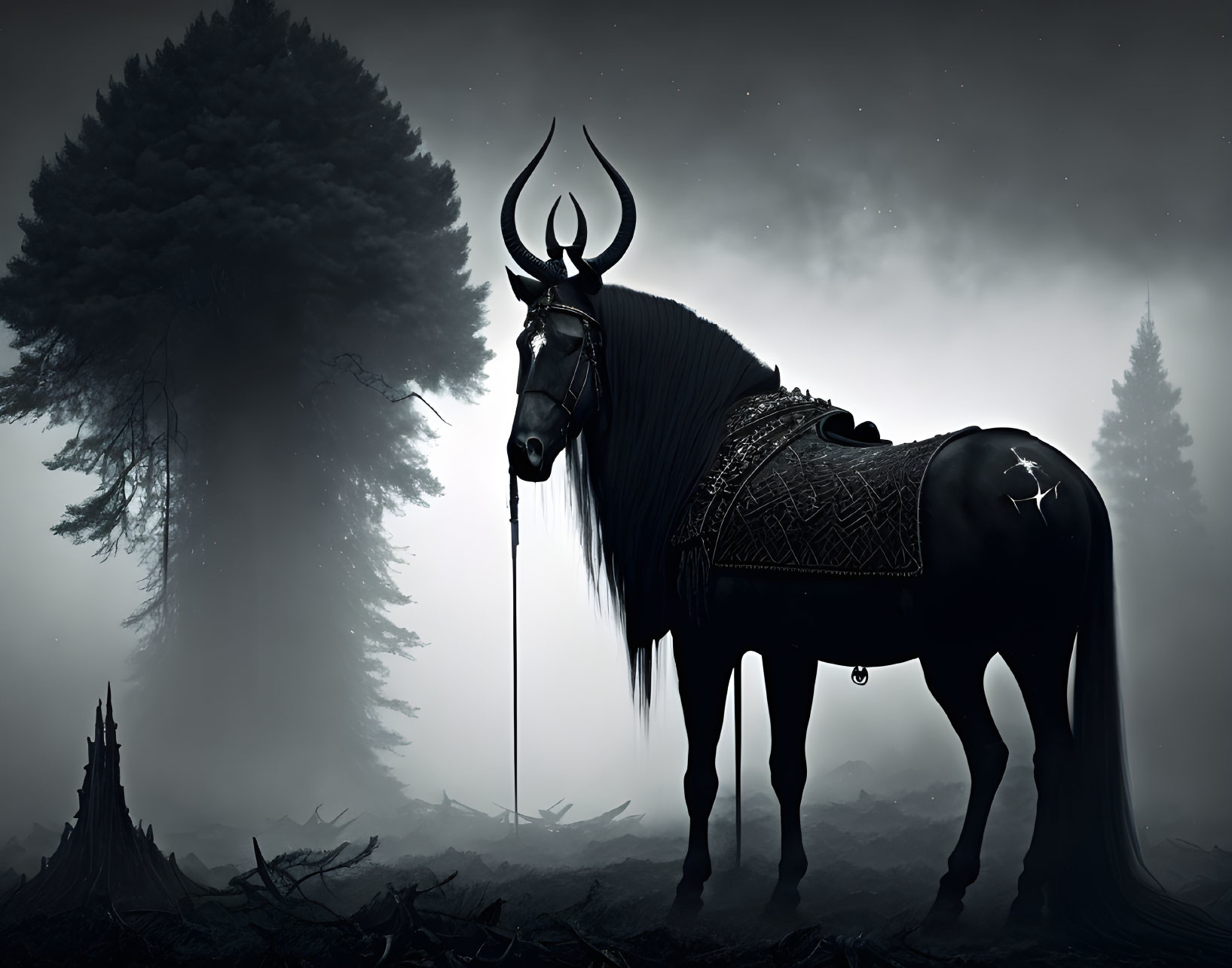 Black mystical horse with unicorn-like horn in foggy forest.