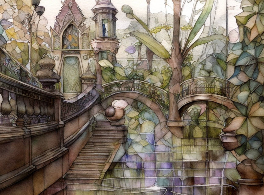 Fantastical garden watercolor with ornate staircases & stained glass foliage