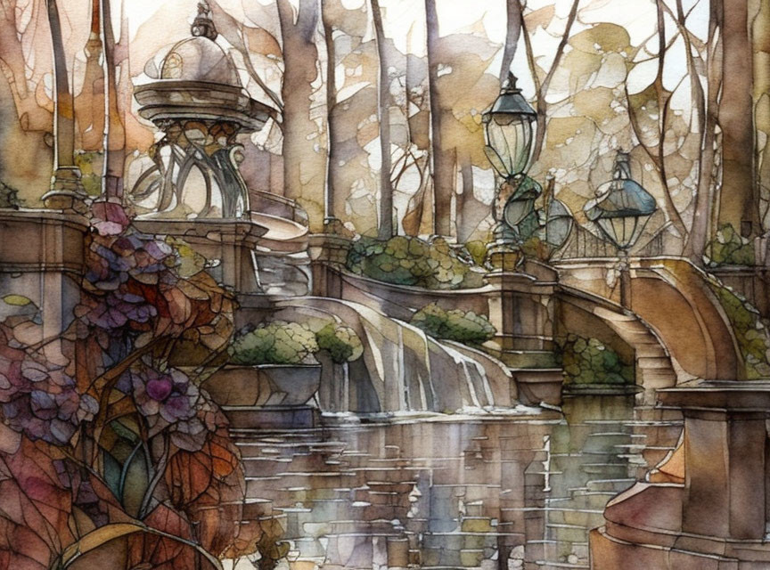 Idyllic Watercolor Painting of Bridge, Lampposts & Autumn Trees