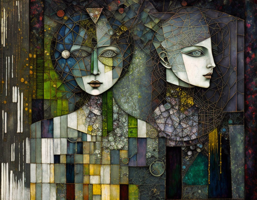 Stylized faces with geometric patterns and textures in abstract and cubist art.