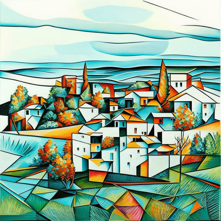 Colorful Cubist-Style Coastal Village Painting with Geometric Patterns