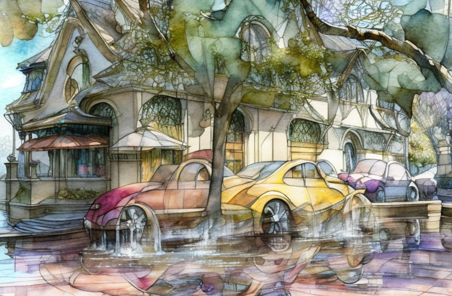 Quaint Street Watercolor Painting with Parked Cars and Ornate House