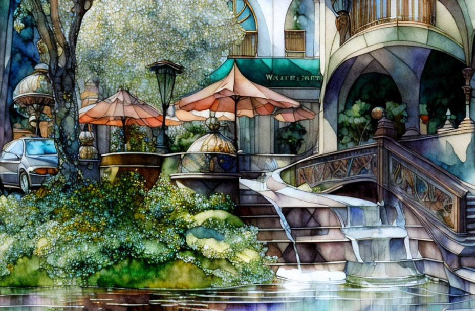 Tranquil watercolor of outdoor cafe with staircase, railing, greenery, trees, and parked