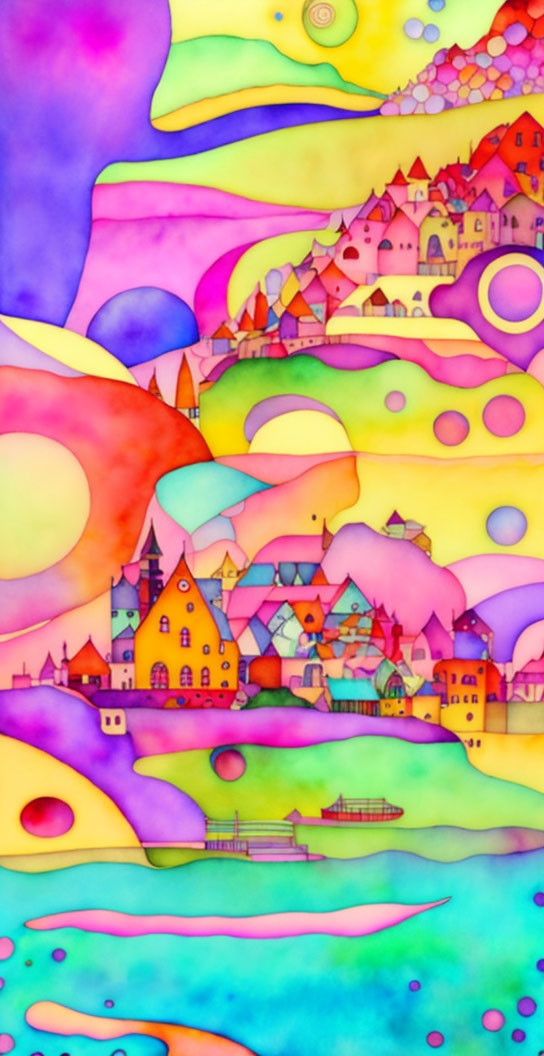 Vibrant village painting with houses, boat, and abstract hills