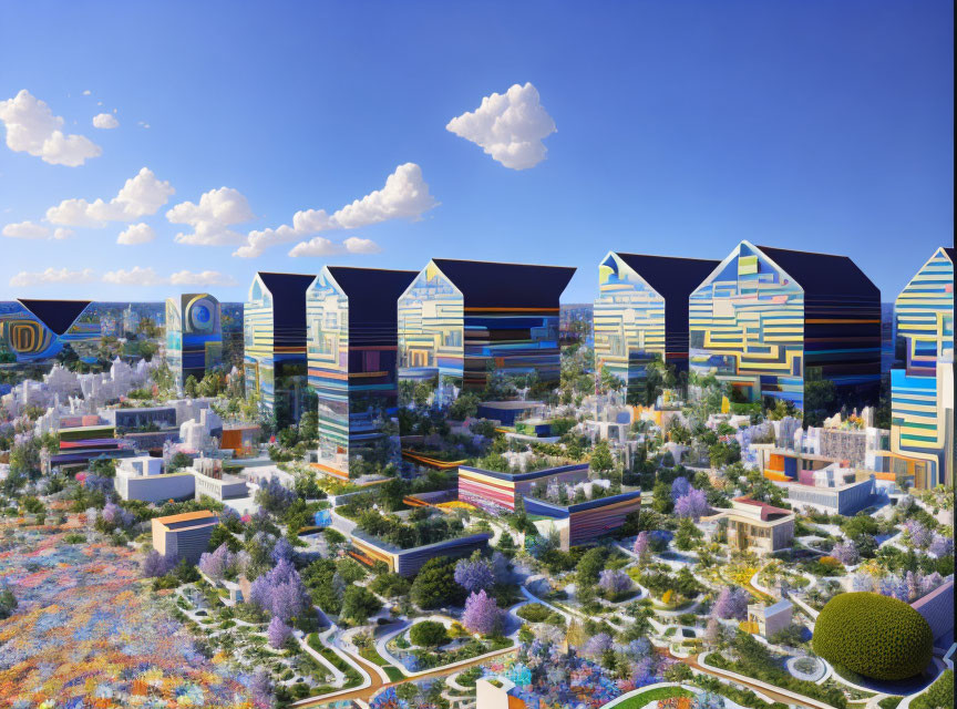 Colorful futuristic cityscape with unique buildings and lush gardens under a clear blue sky.