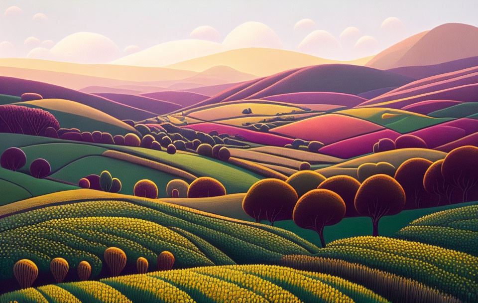 Colorful landscape with rolling hills and stylized trees under a pastel sky