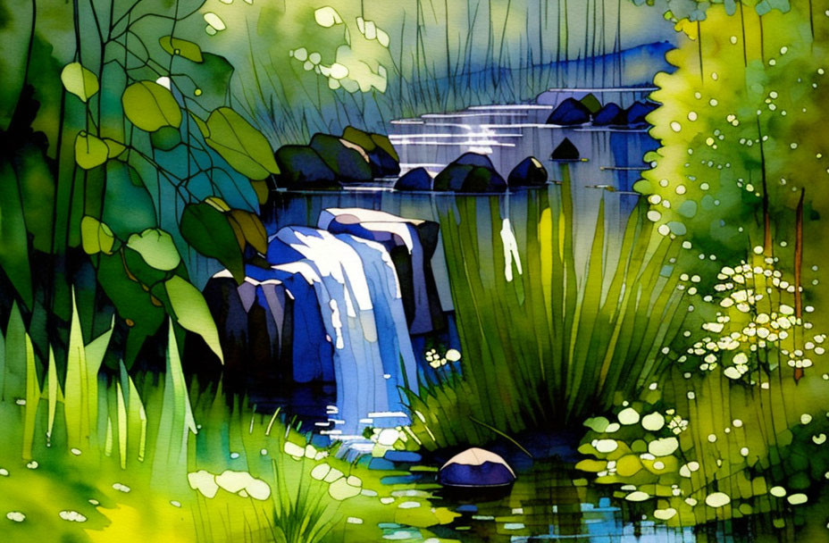 Serene waterfall in lush forest with foliage and lily pads