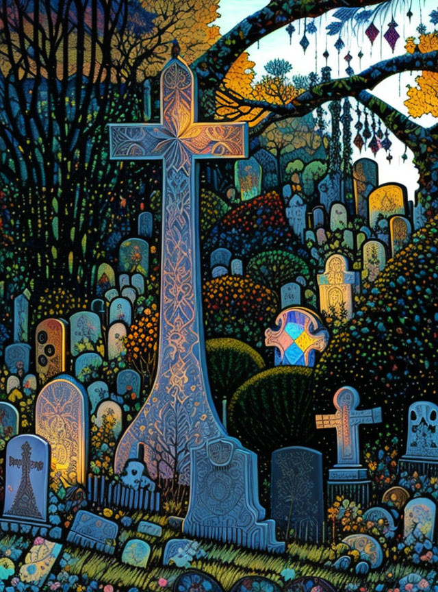 Colorful graveyard illustration with ornate cross and tombstones