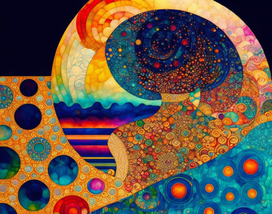 Colorful Psychedelic Artwork with Bold Patterns & Cosmic Motifs