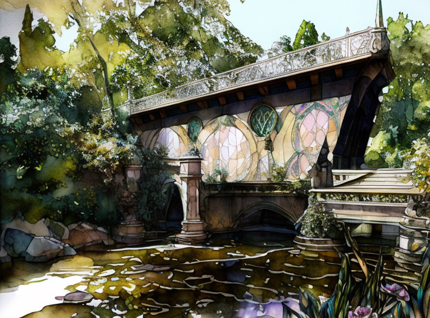 Tranquil watercolor scene: bridge over serene pond