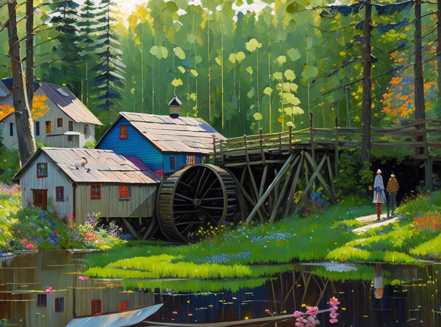 Tranquil watermill scene with person on bridge in lush forest