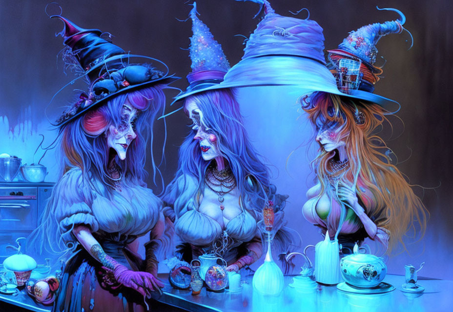 Stylized witches in elaborate costumes around glowing potion-filled table