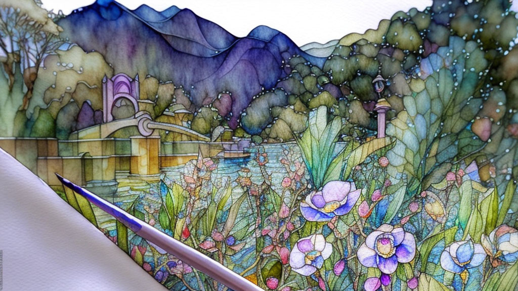 Scenic landscape watercolor painting with lush flora and mountain backdrop.