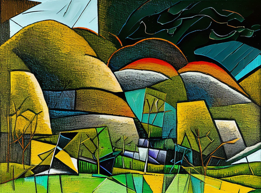 Colorful Cubist Landscape Painting with Rolling Hills and Abstract Shapes