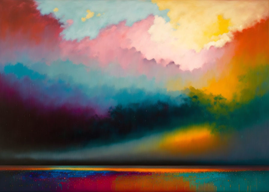 Colorful Abstract Painting Blending Spectrum Against Moody Sky