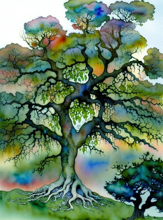 Whimsical tree watercolor painting with vibrant foliage