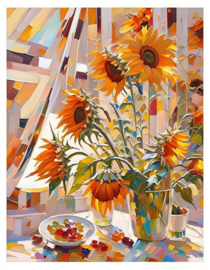 Colorful Cubist Style Painting: Sunflowers, Vase, Fruit, and Dappled Light