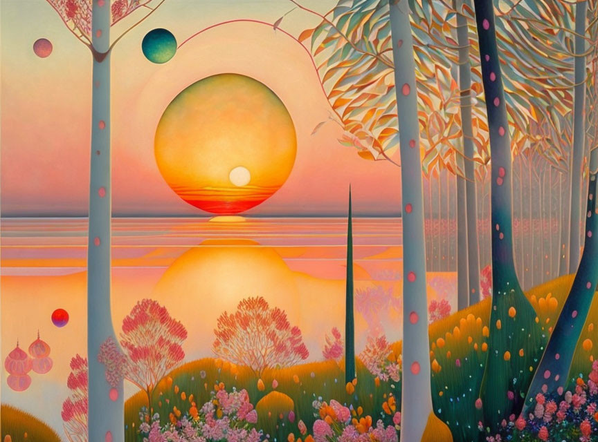 Colorful surreal landscape painting with stylized trees and sun-like sphere