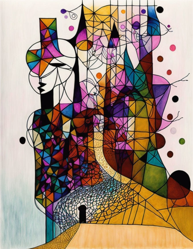 Colorful geometric abstract painting with shapes, lines, patterns, and lone figure