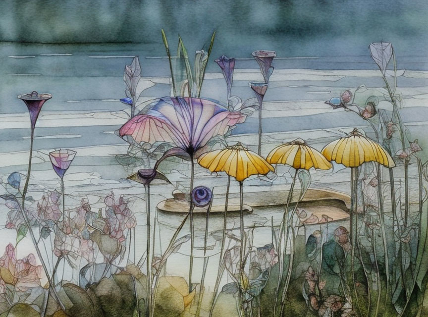 Stylized flowers in muted colors against pond backdrop