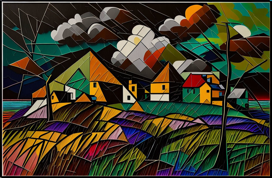 Colorful Geometric Landscape Art with Stained-Glass-Like Design