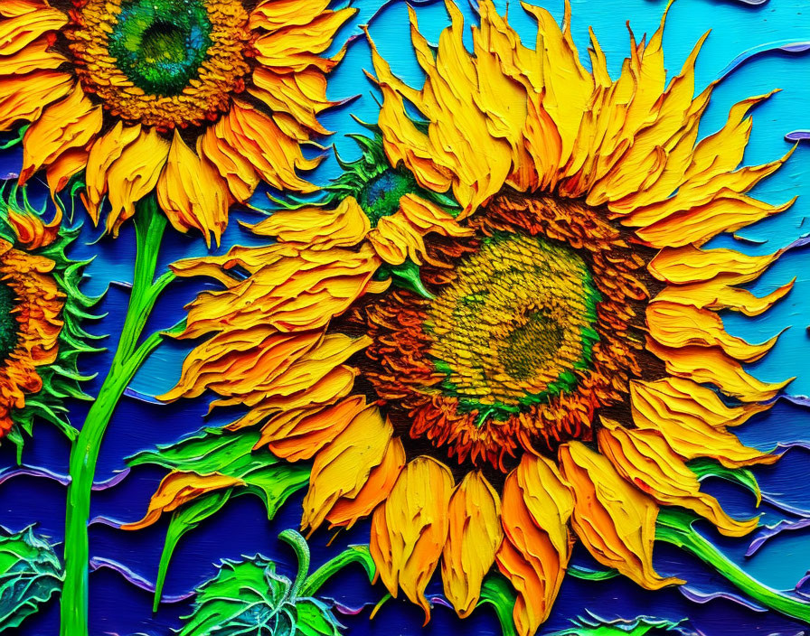 Colorful sunflowers painting with textured yellow petals on bold blue background