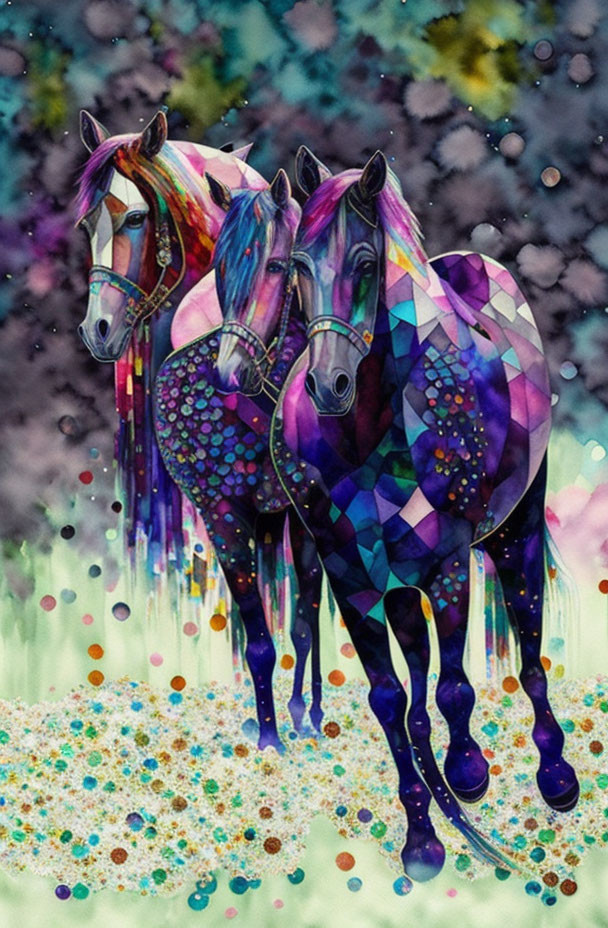 Horses with Colorful Geometric Patterns in Abstract Scene